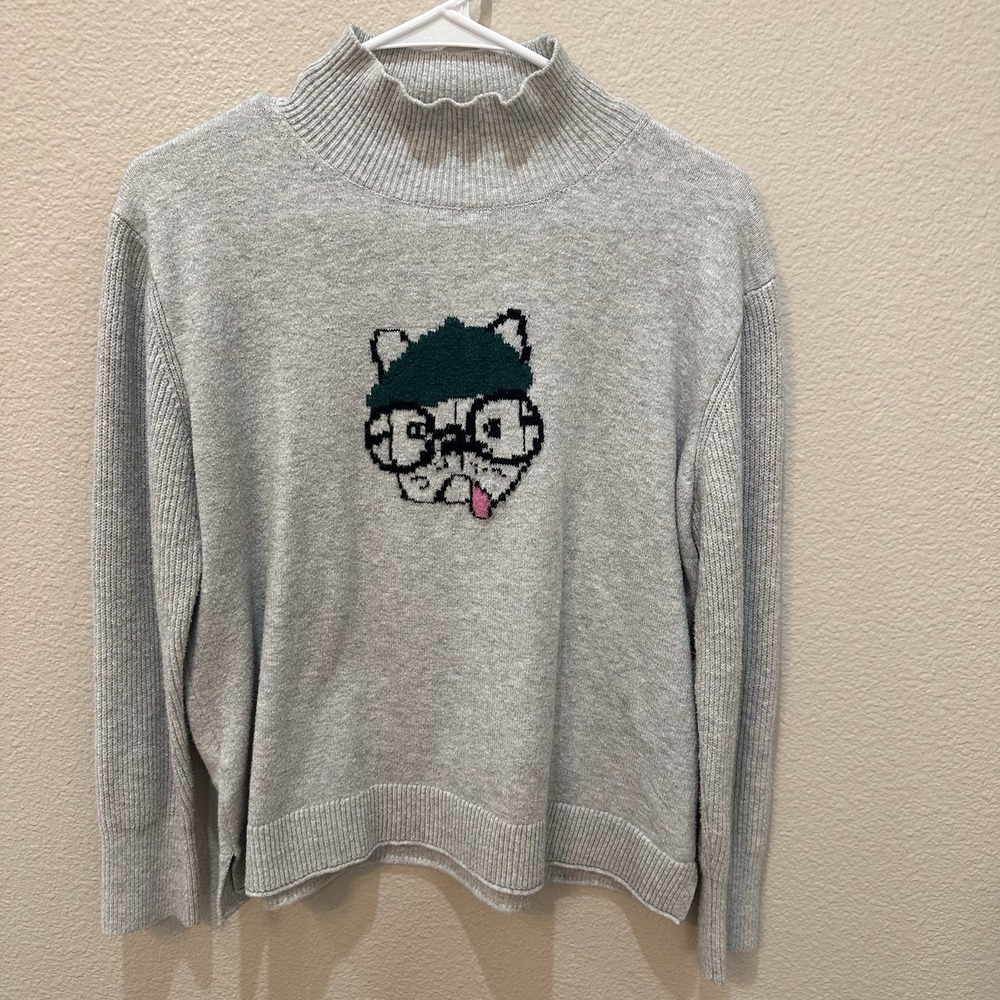 Loft Bulldog Gray Sweater M Hipster Cozy Dog Lover Novelty Cotton Soft Ribbed